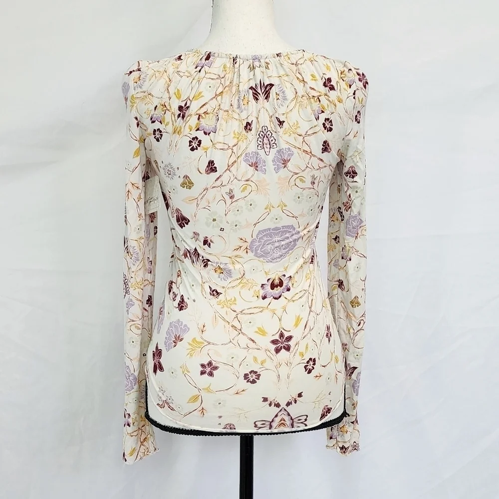 Free People Floral Fitted Scoop Keyhole Tie Neck Long Sleeve Top